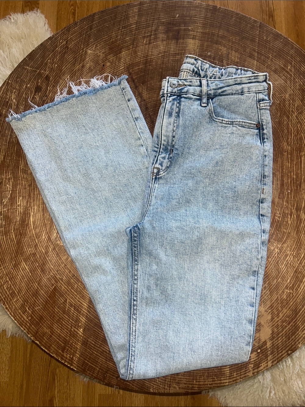 Old Navy Higher High Rise Flare Light Blue Jeans with Frayed Hem Size 8